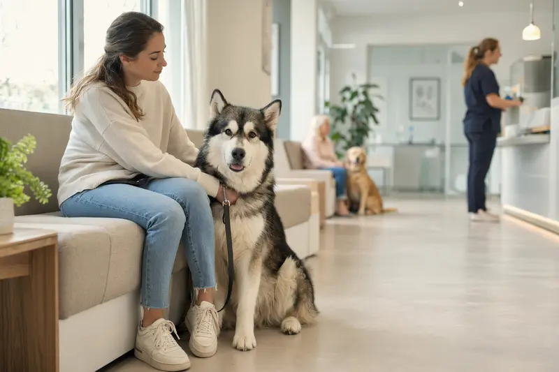 Ein ruhiger Alaskan Malamute sitzt neben seinem Besitzer in einem modernen Wartezimmer einer Tierarztpraxis.